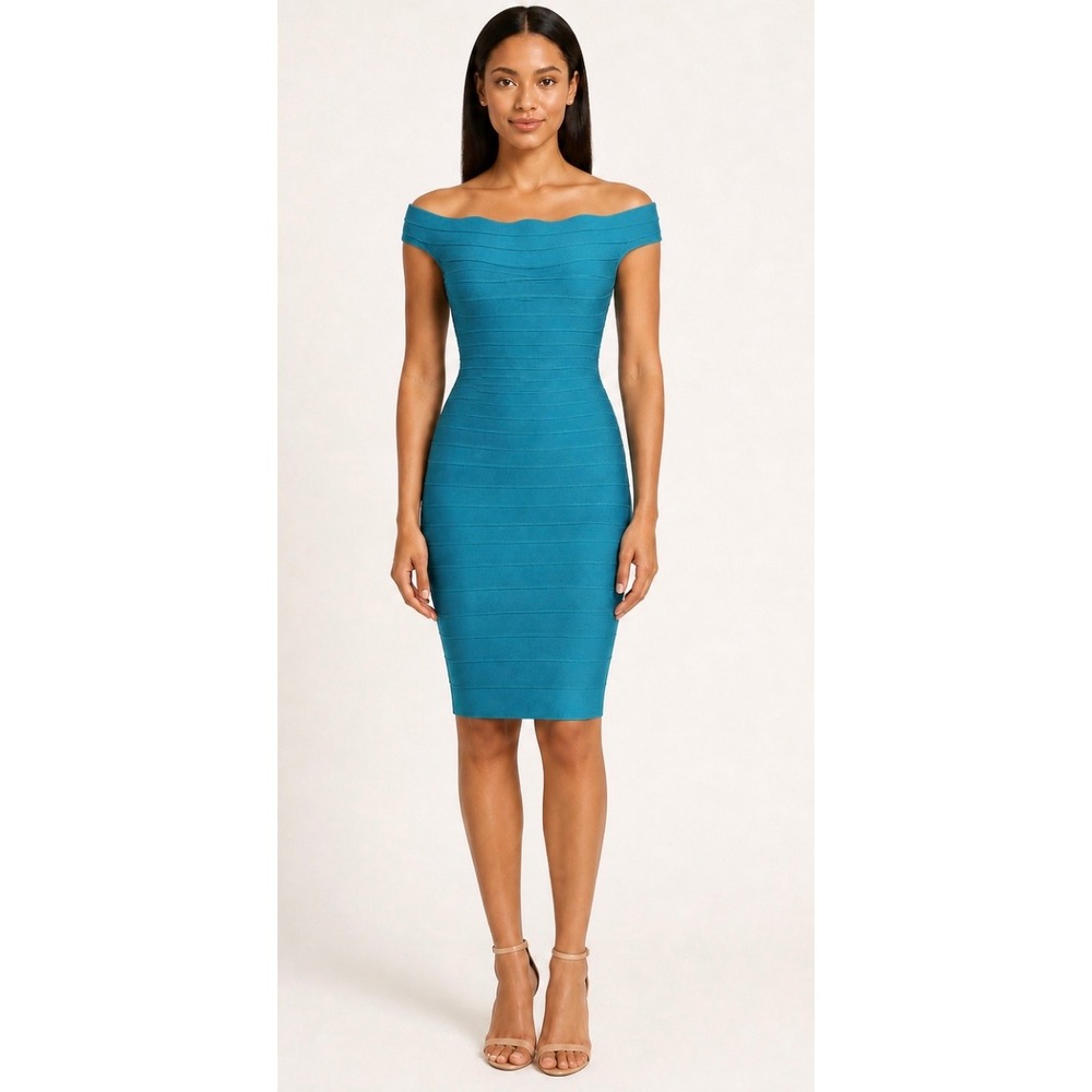 Hervé Léger Ardell Turquoise Bandage Bodycon Midi Dress Size L